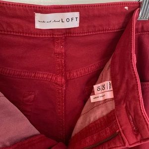 Loft Ann Taylor pants, red, with fringe cut at the ankle